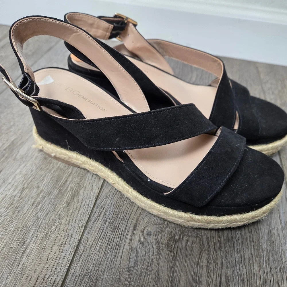 BCBGeneration Black Espadrille Wedge Sandals Womens‎ 7 Ankle Strap Crisscross